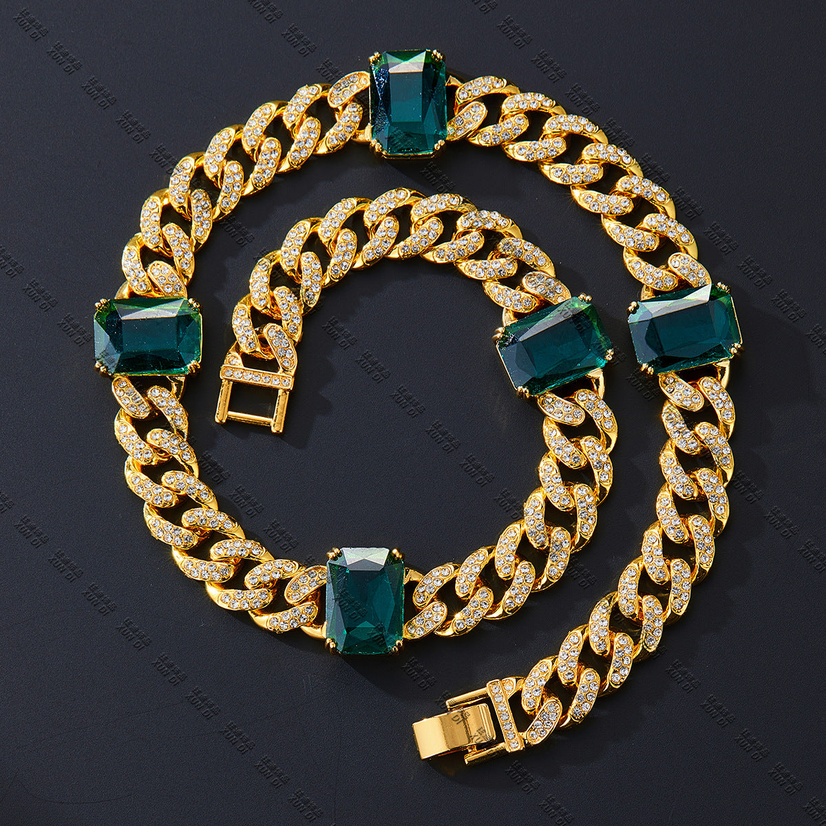 Wholesale Emerald Alloy Rhinestone Cuban Necklaces